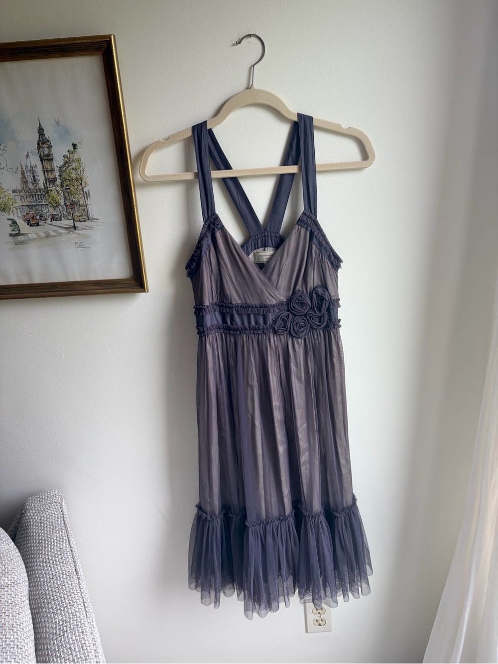 Moulinette Soeurs Strappy V-Neck Midi Cocktail Dress in Purple and Gray